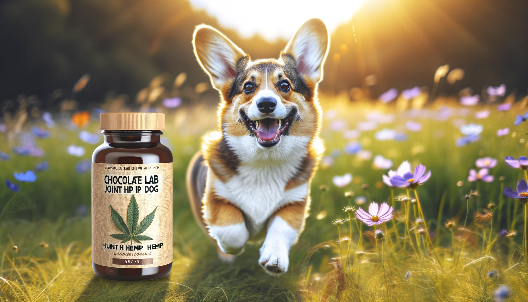 Corgidor happily running in a field, with a bottle of Chocolate Lab Joint Hip Dog Hemp D528 in the background