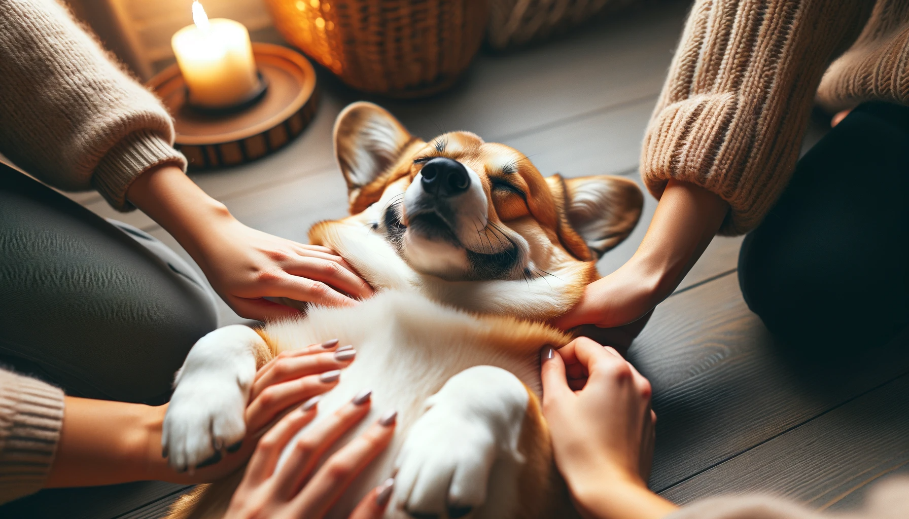 Corgidor in the middle of a belly-rub fest, eyes closed in pure bliss