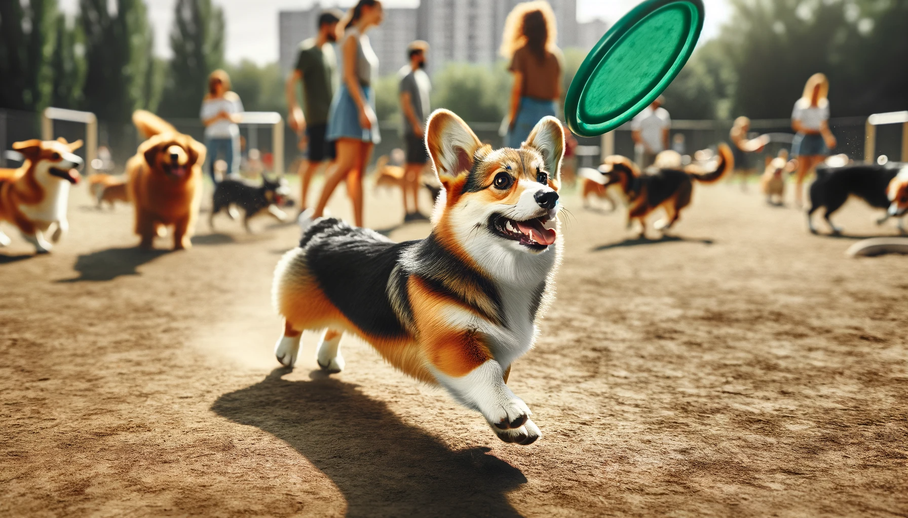 Corgidor playing fetch energetically in a dog park