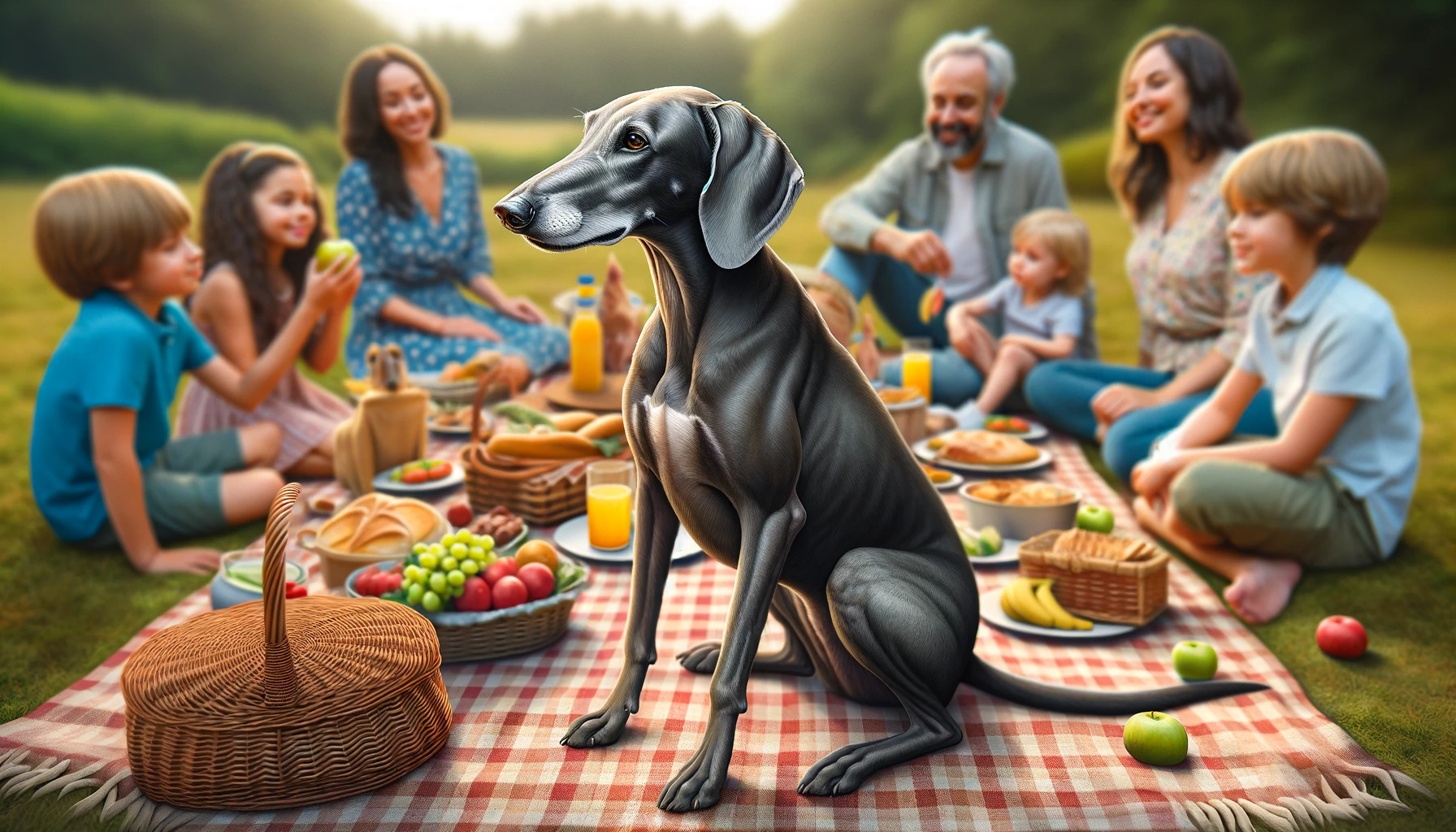 Greyador calmly sitting amidst a family picnic