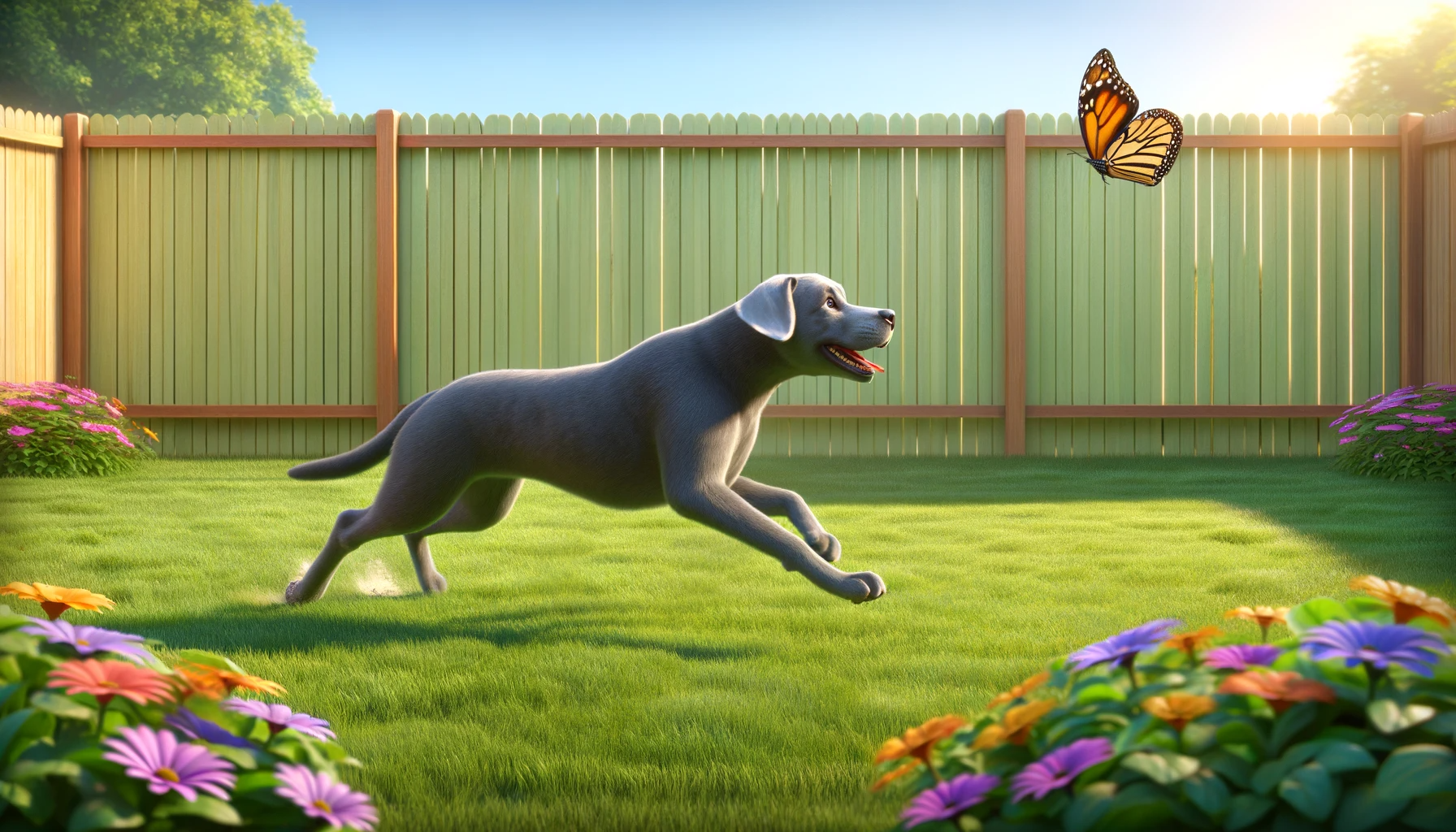 Greyador chasing a butterfly in a fenced yard
