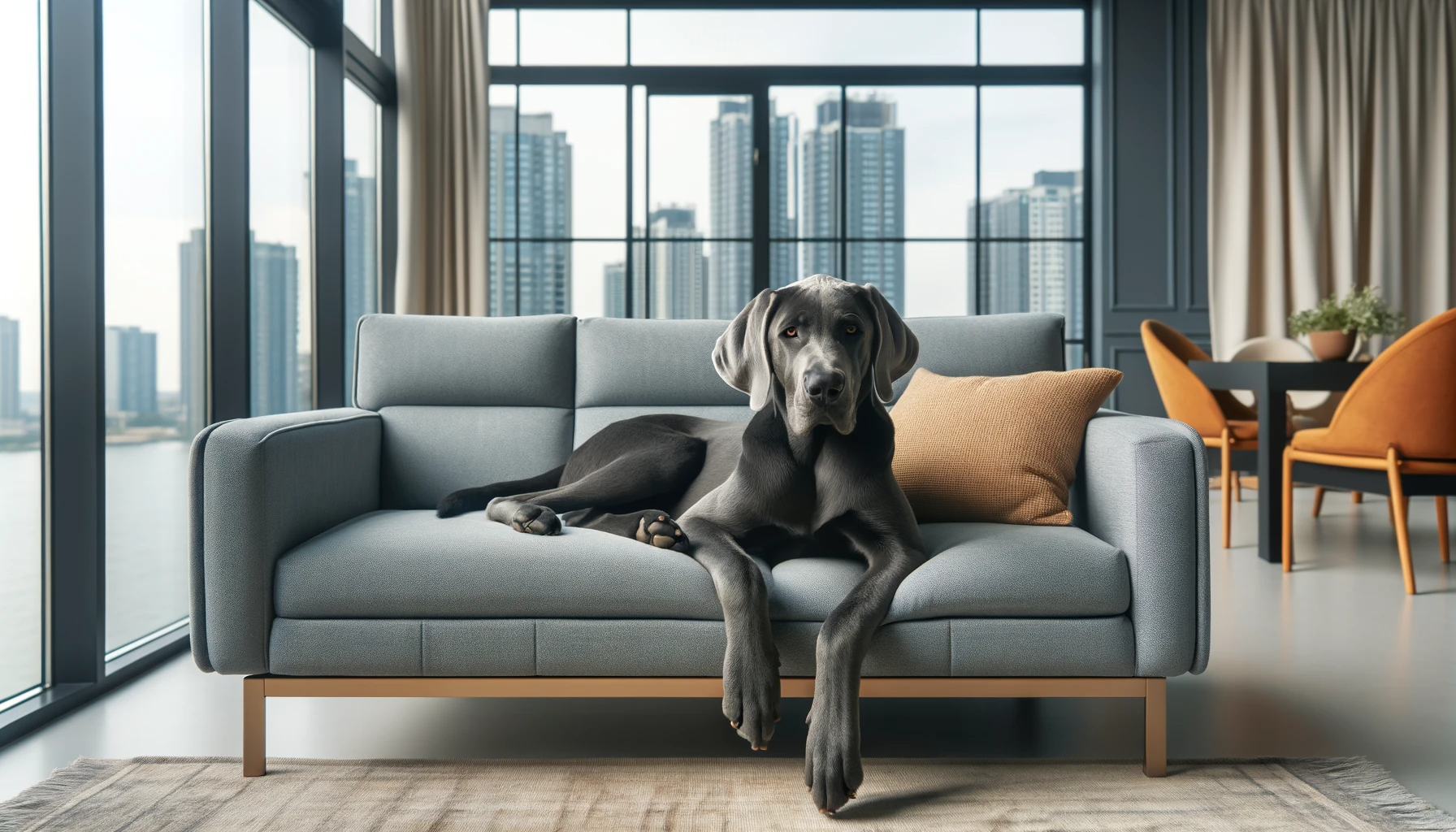 Greyador comfortably lounging on a stylish apartment sofa