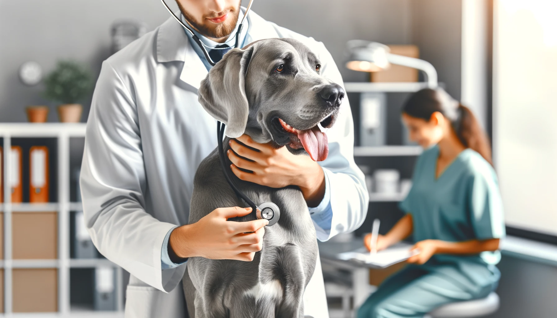 Greyador sitting calmly during a vet examination