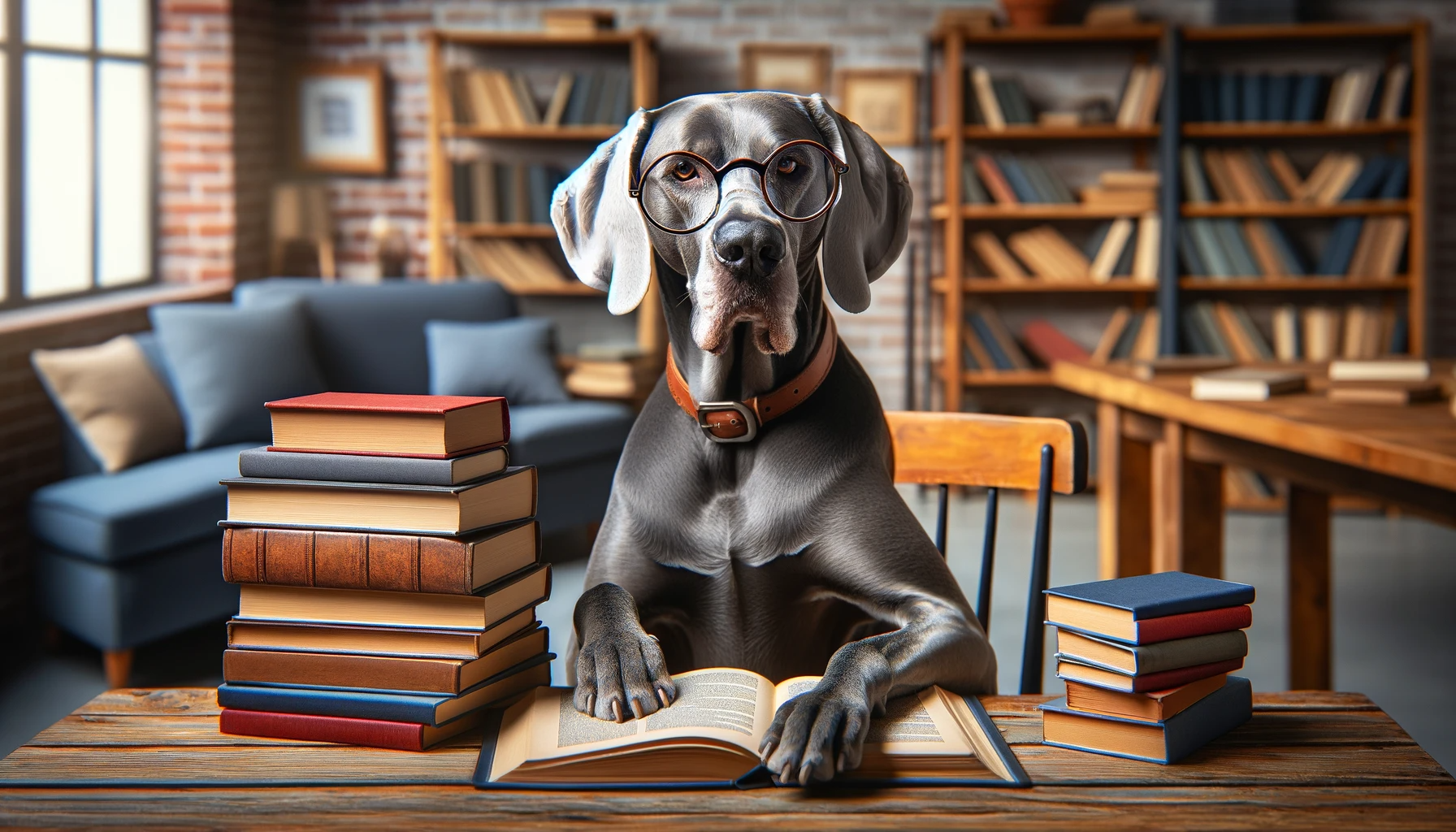 Greyador with reading glasses, humorously posed next to a stack of books