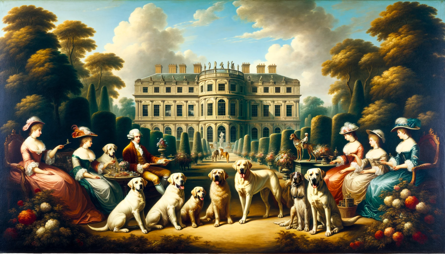 Historic painting of Labradors and Weimaraners in a regal estate, talk about royal lineage
