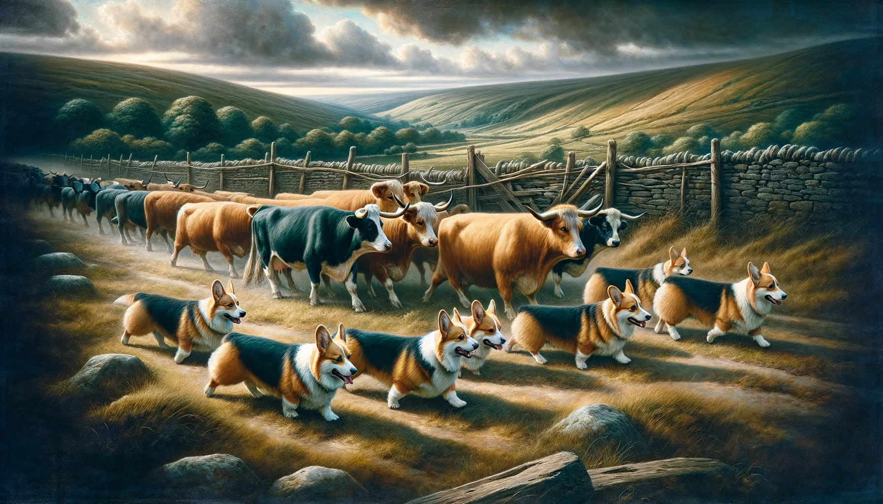 Historical painting of Corgis herding cattle in ancient Wales