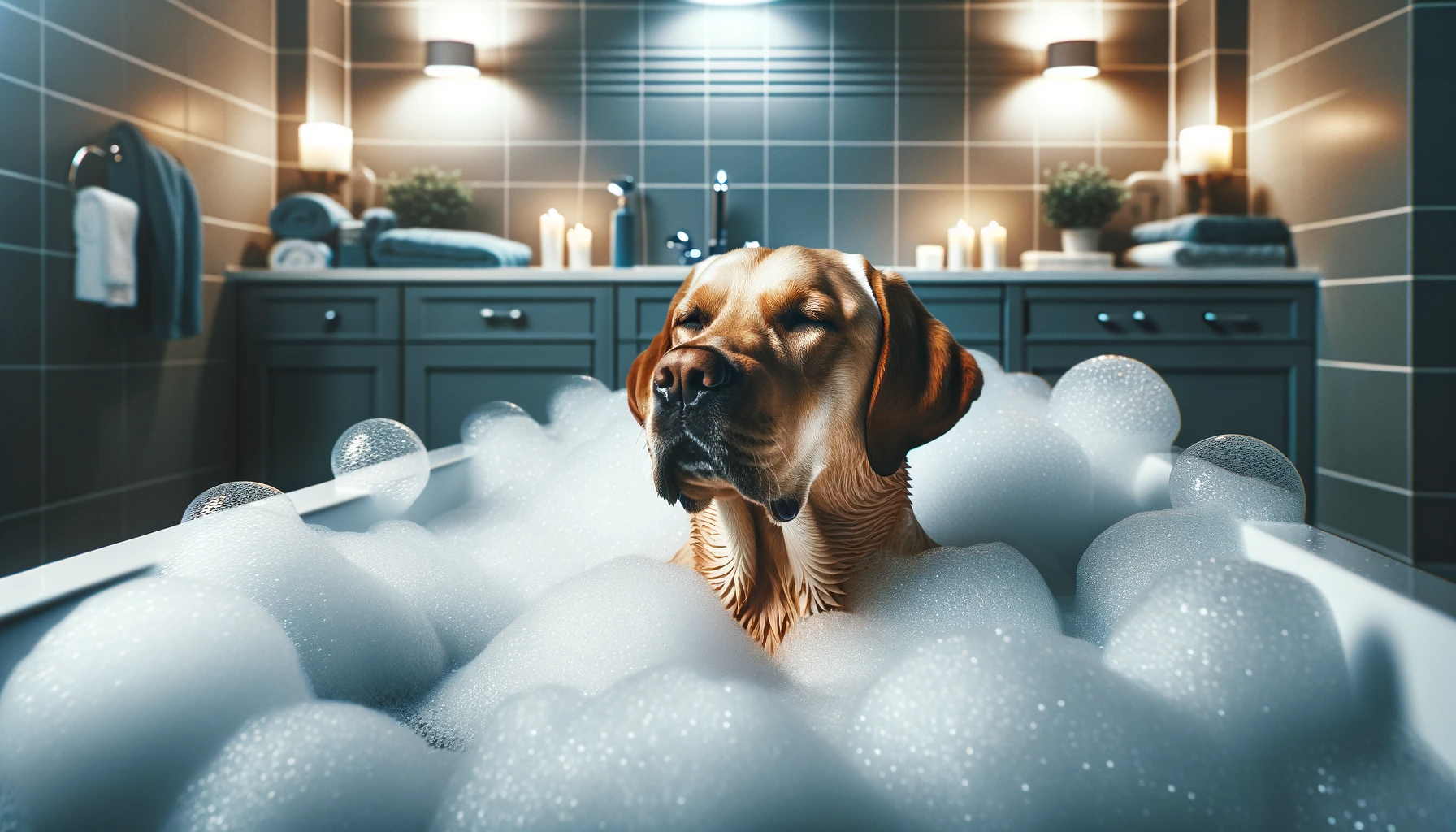 Labmaraner basking in a spa-like bubble bath - total bliss