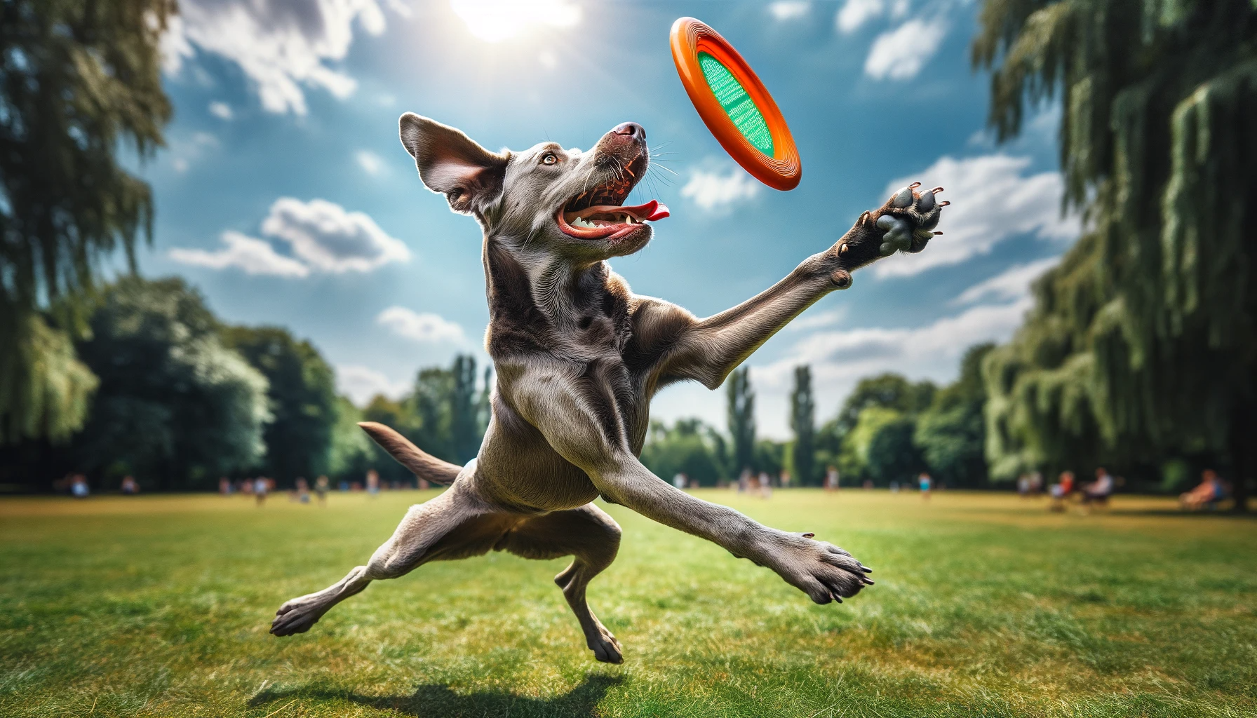 Labmaraner captured mid-air gleefully catching a frisbee