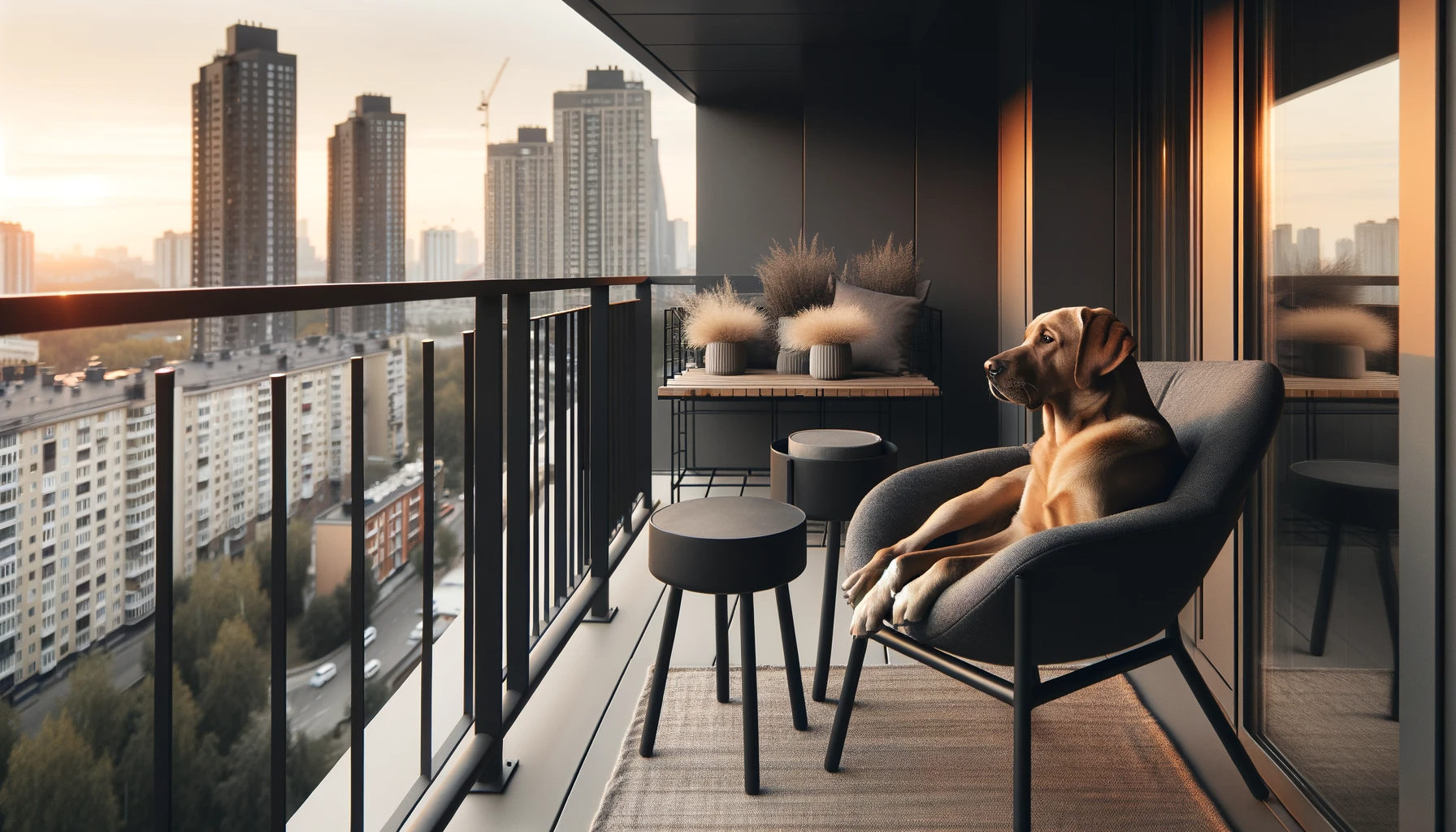 Labmaraner lounging on a chic city apartment balcony