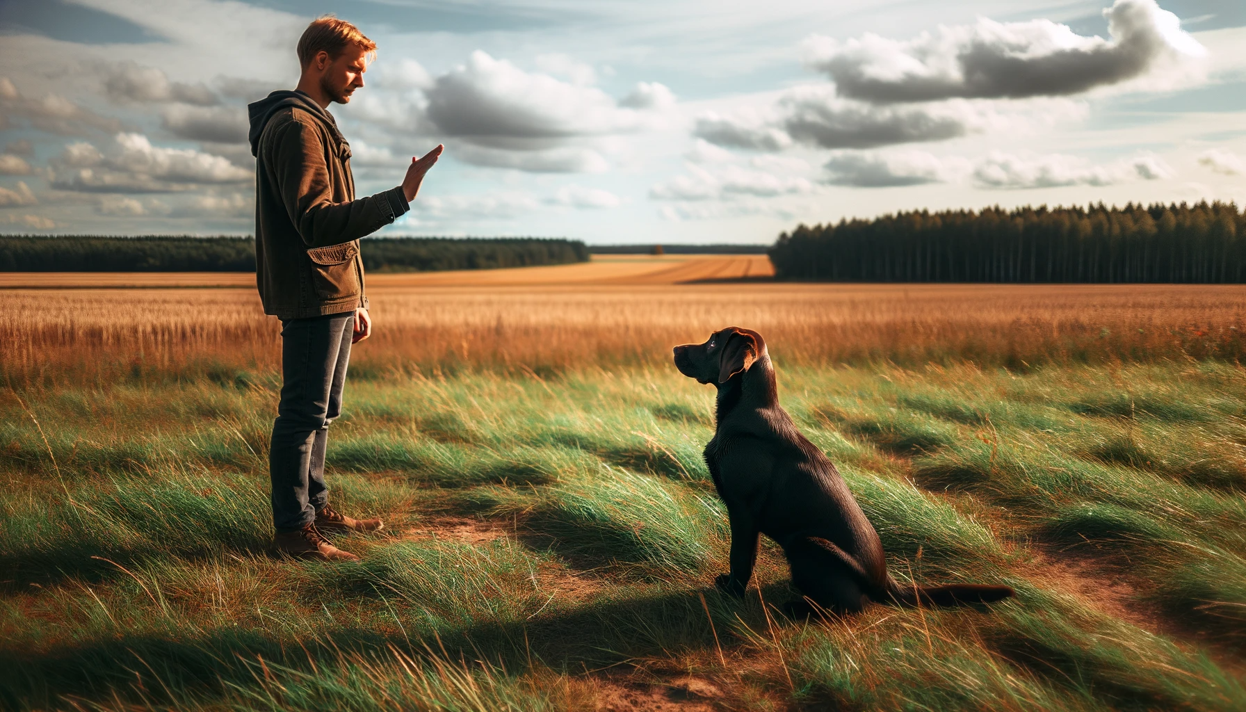 Labmaraner mastering the sit command in an open field