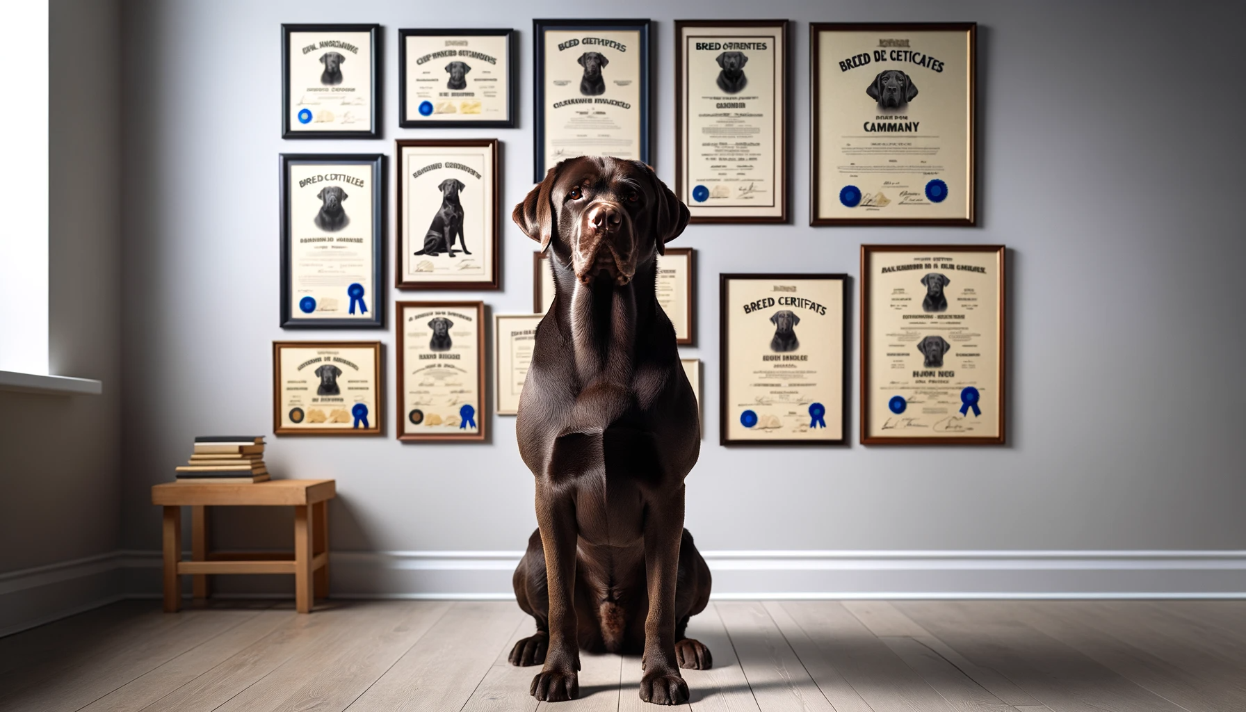 Labmaraner posing next to a variety of breed certificates - looking proud