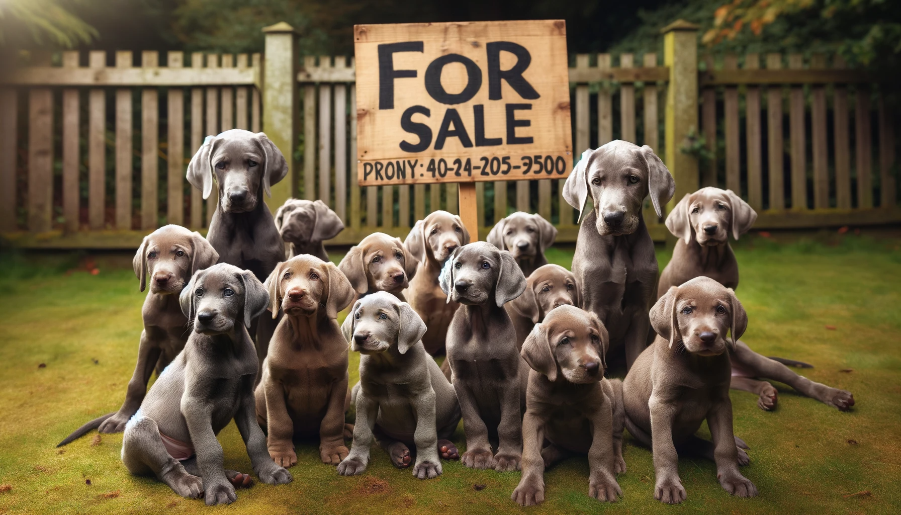 Labmaraner puppies with a For Sale sign