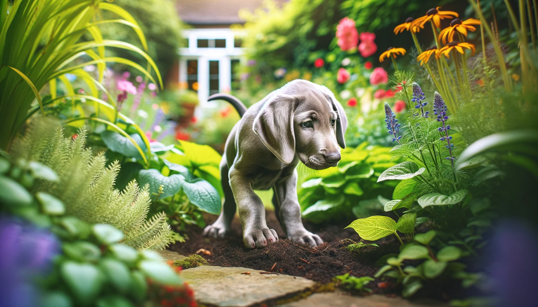 Labmaraner puppy curiously exploring a garden