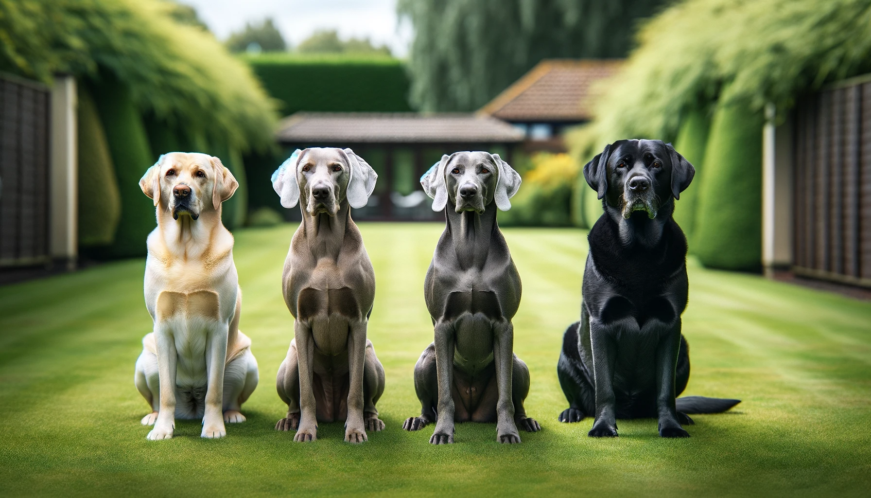 Labmaraner sitting obediently next to a Weimaraner and a Labrador