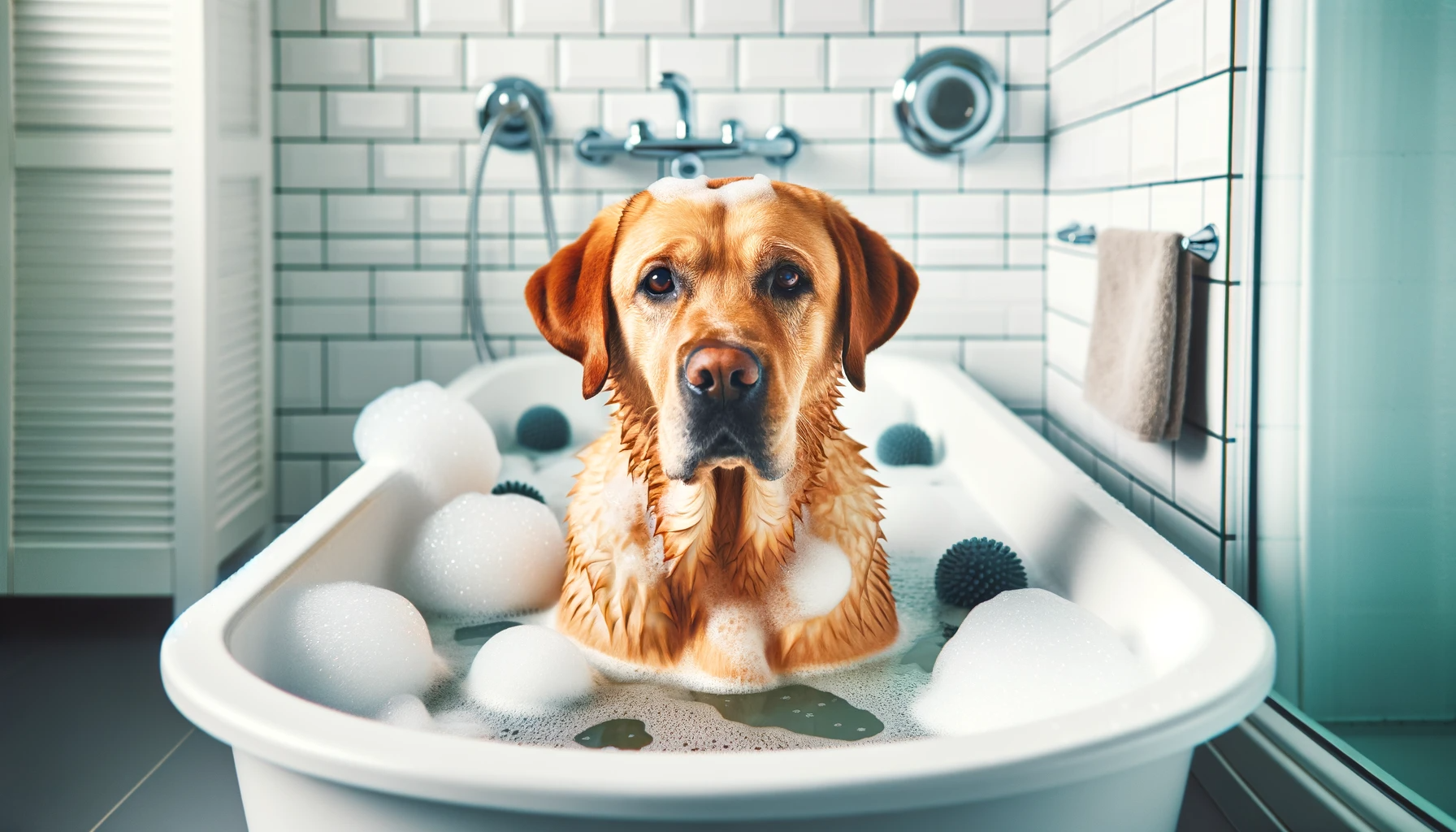 Labmaraner soaking up the suds during bath time