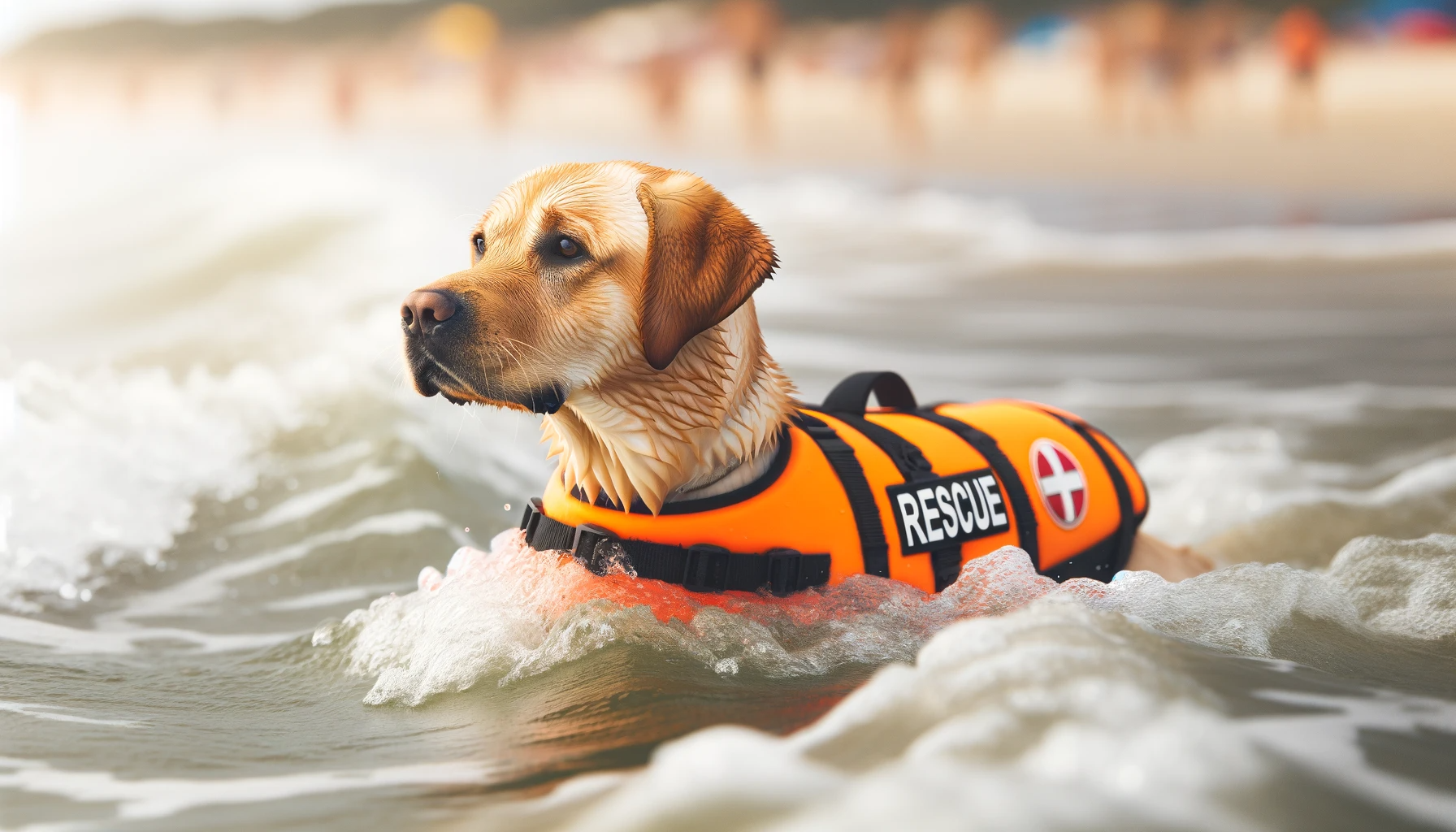 Labrador Retriever in a lifesaver vest during a rescue mission