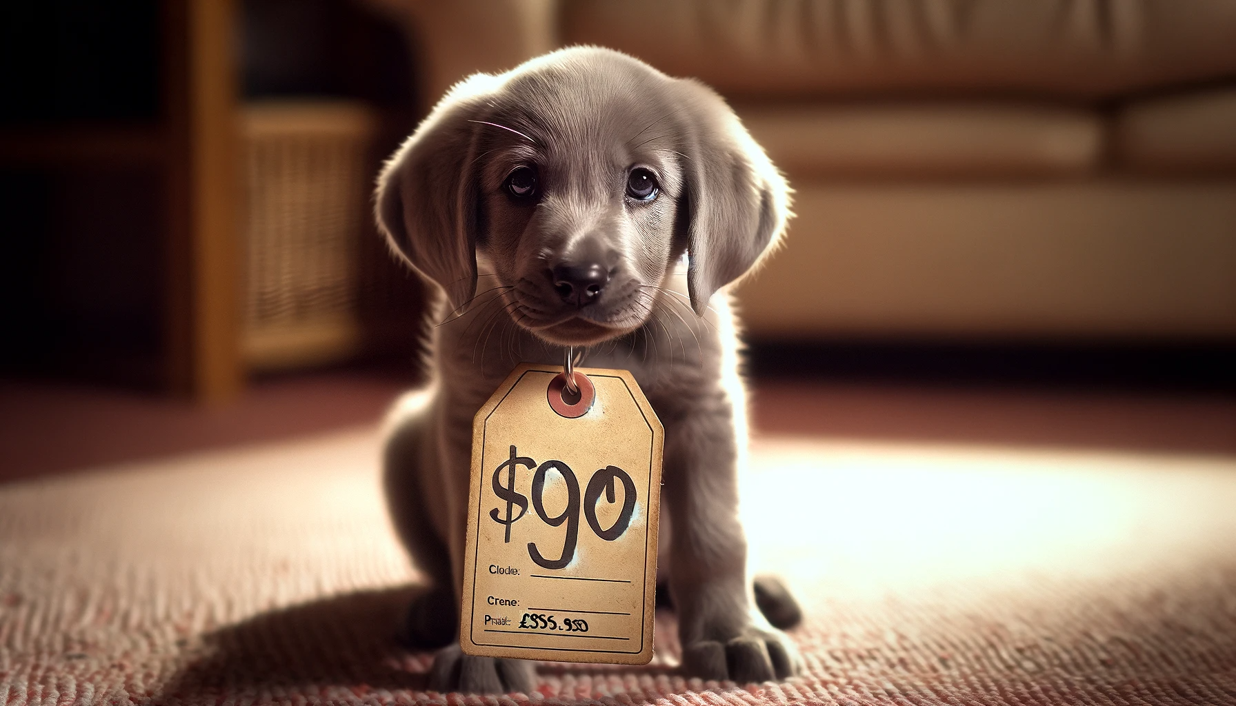Price tag hanging from a Labmaraner puppy's collar