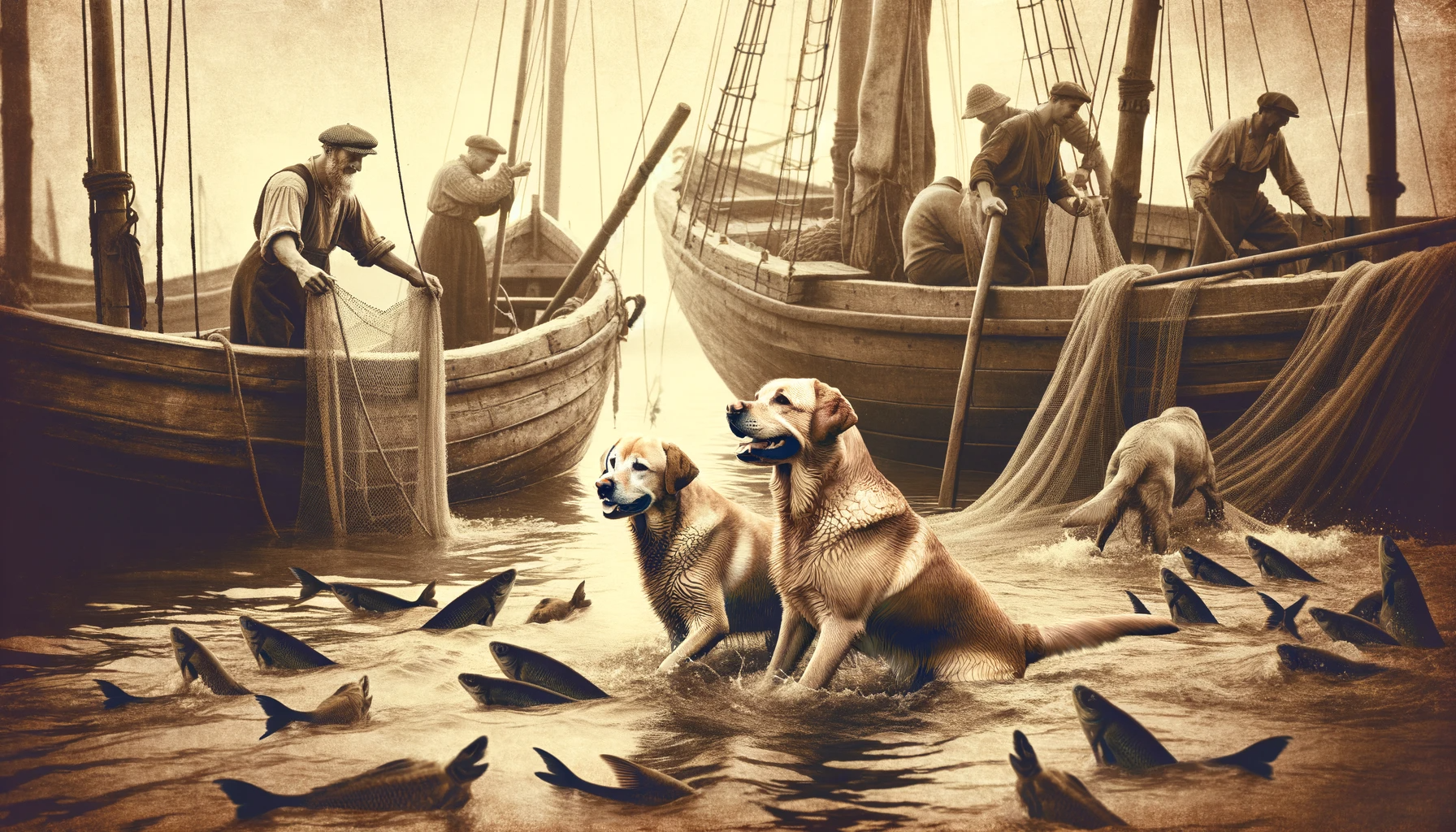 Vintage photo of Labrador Retrievers helping fishermen