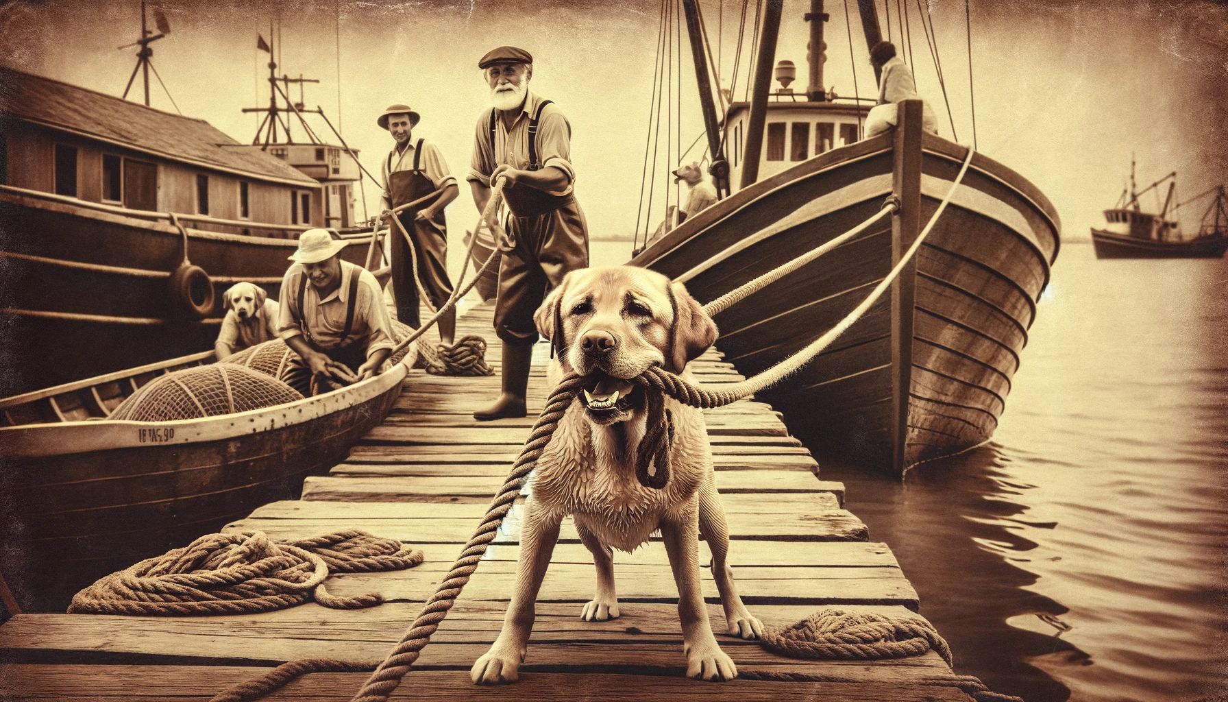 Vintage photo of a Labrador Retriever helping fishermen pull in nets