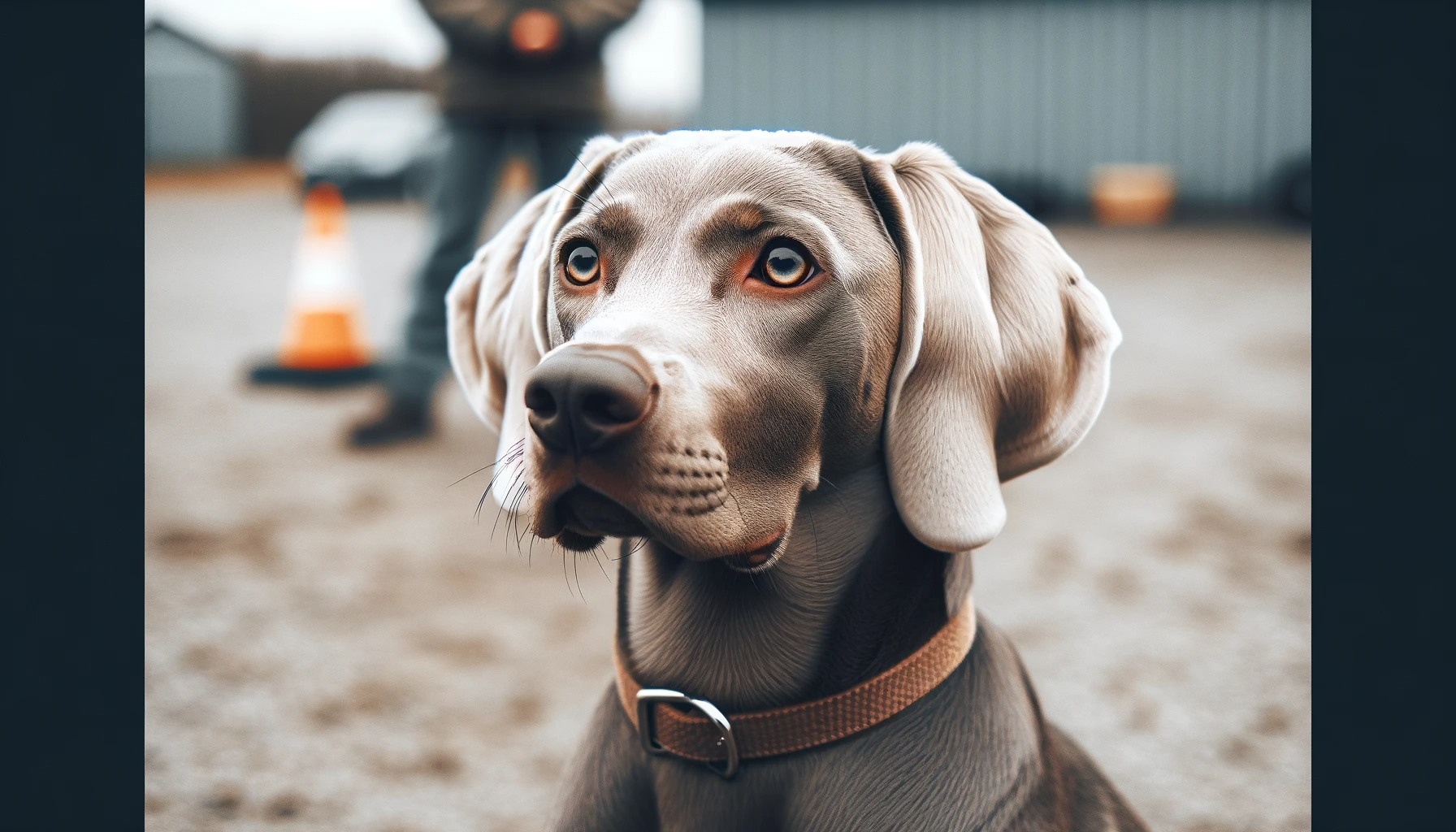 Weimaraner Lab Mix showing its focused face during a sit-stay lesson
