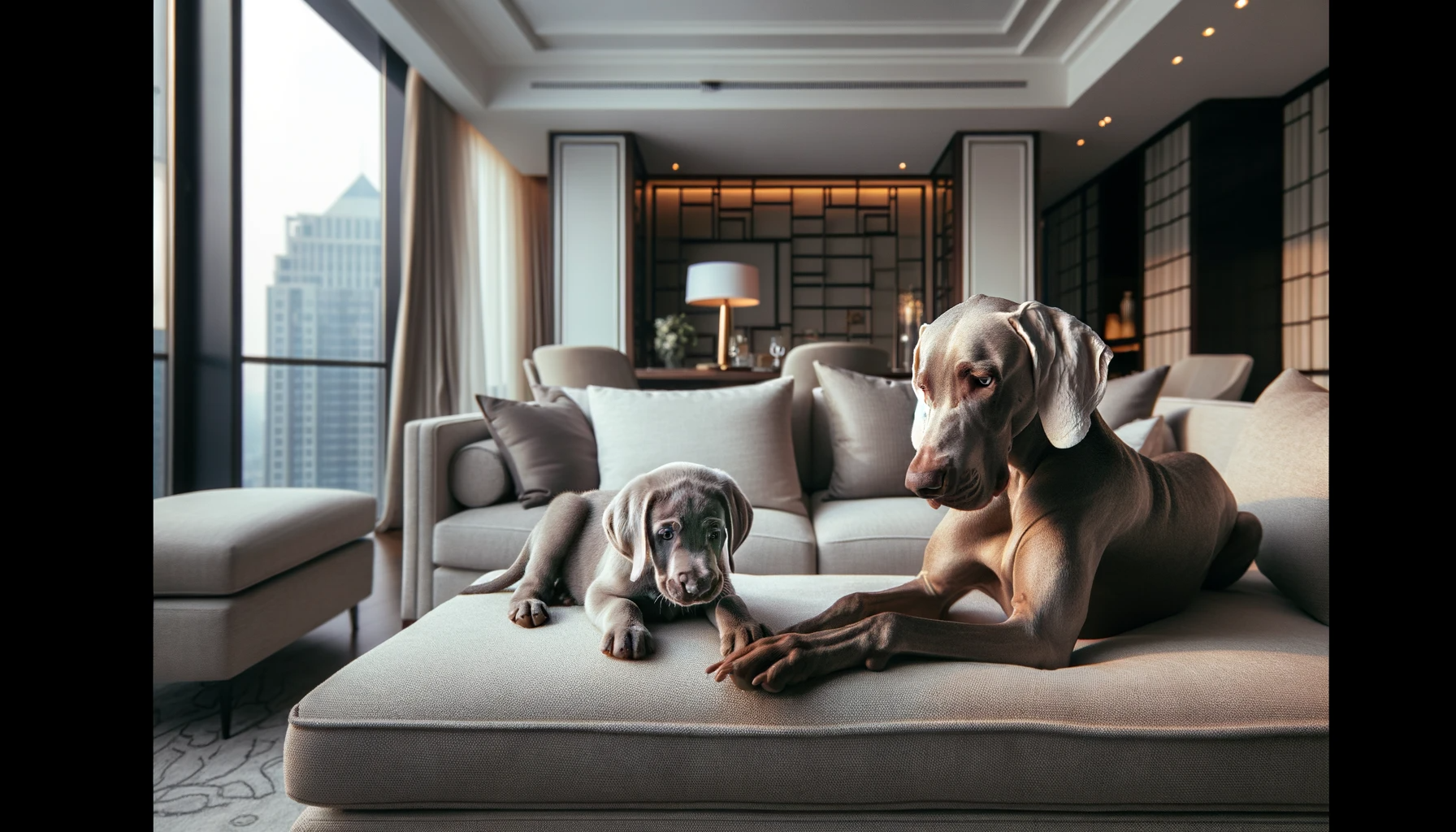Weimaraner parent elegantly lounging with a playful Labmaraner pup at its side