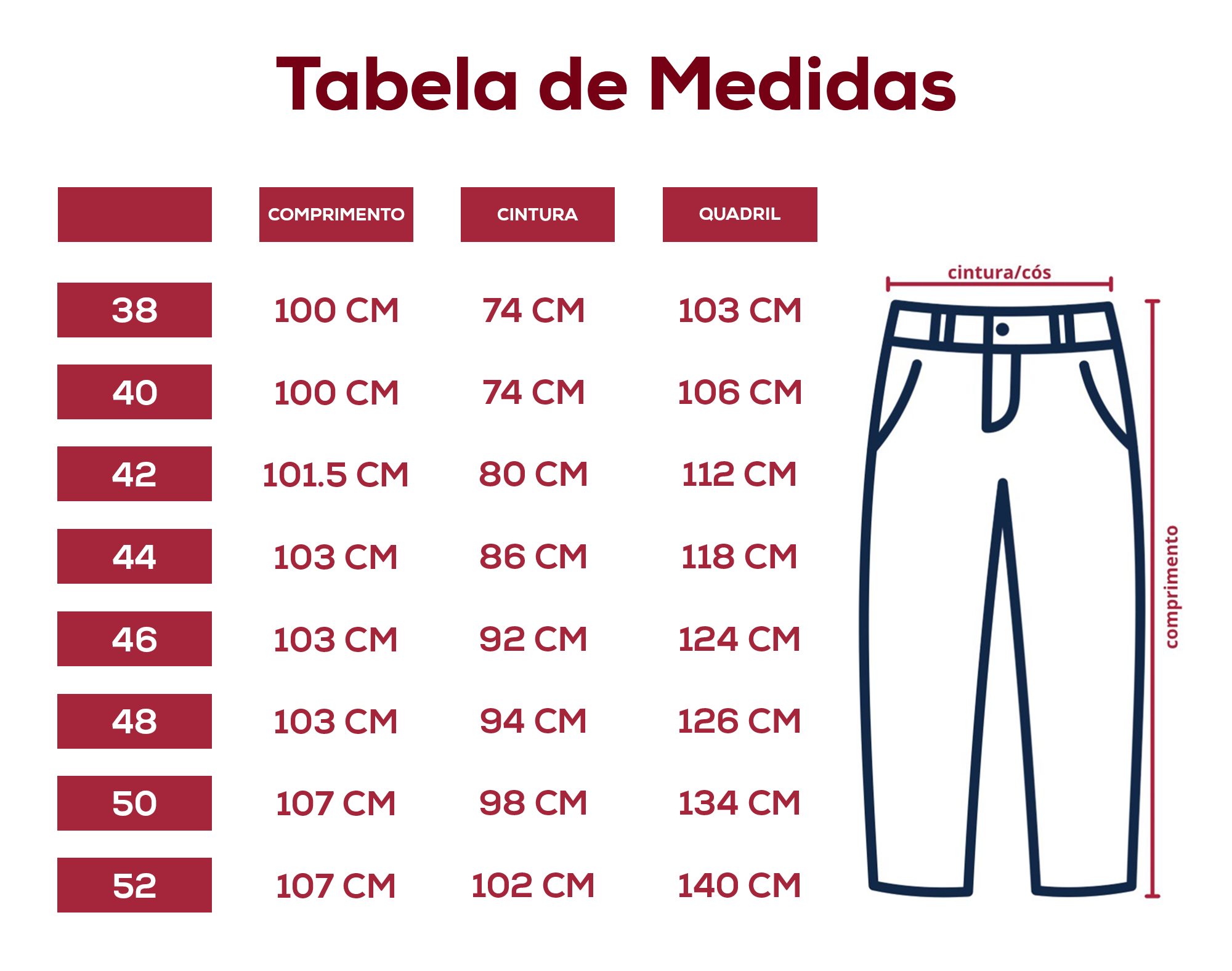 Tabela de medidas calça slim