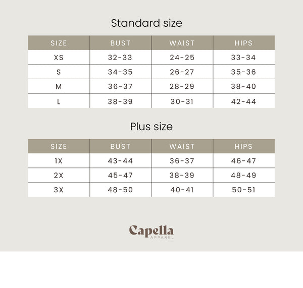 Capella Apparel Size Guide