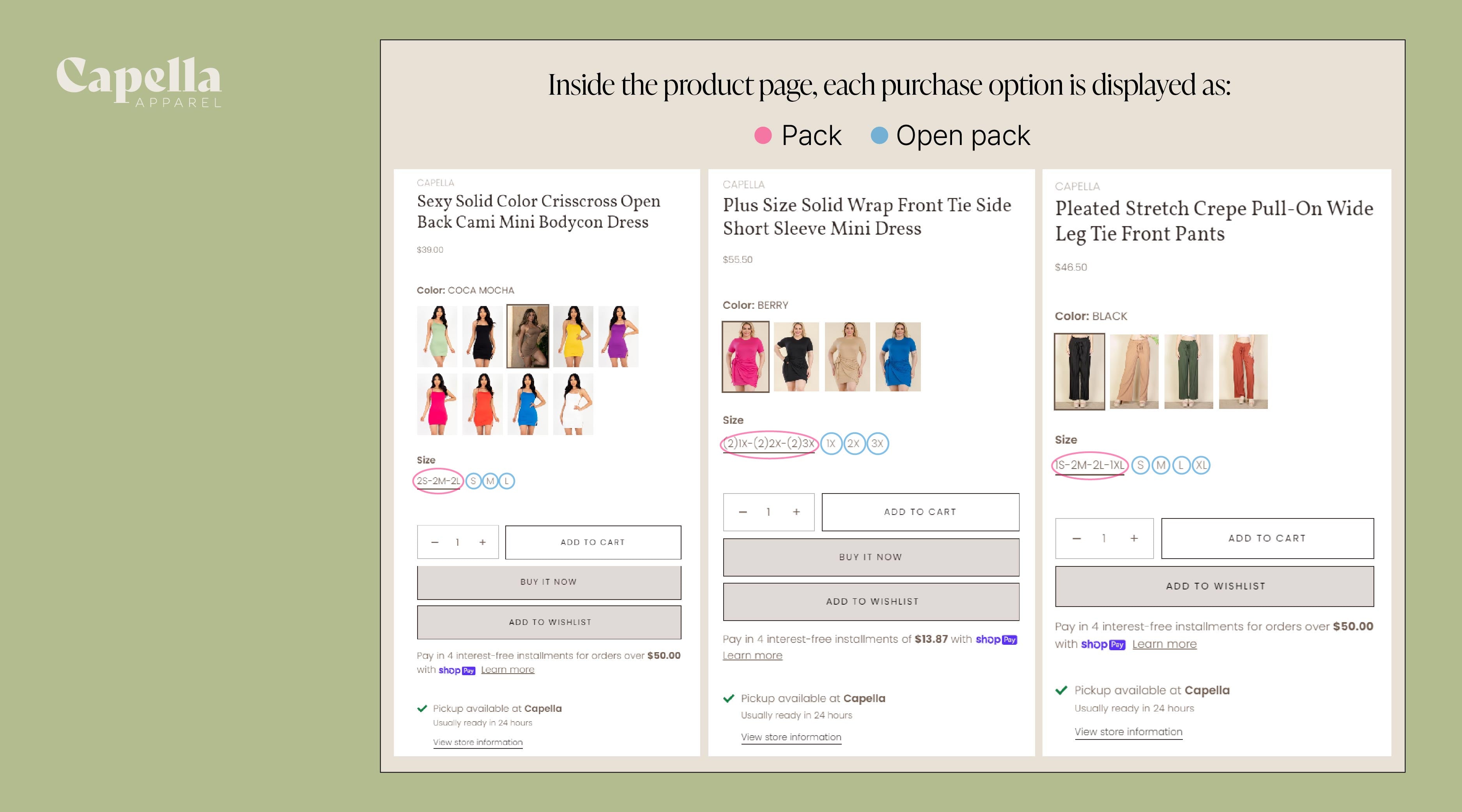 Capella Apparel how pack and open pack option look like on product page