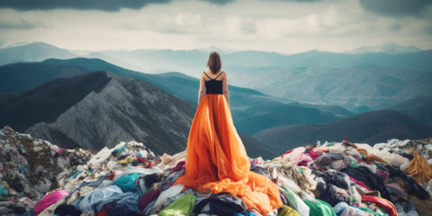 Fast fashion environmental impact girl on mountain of clothes