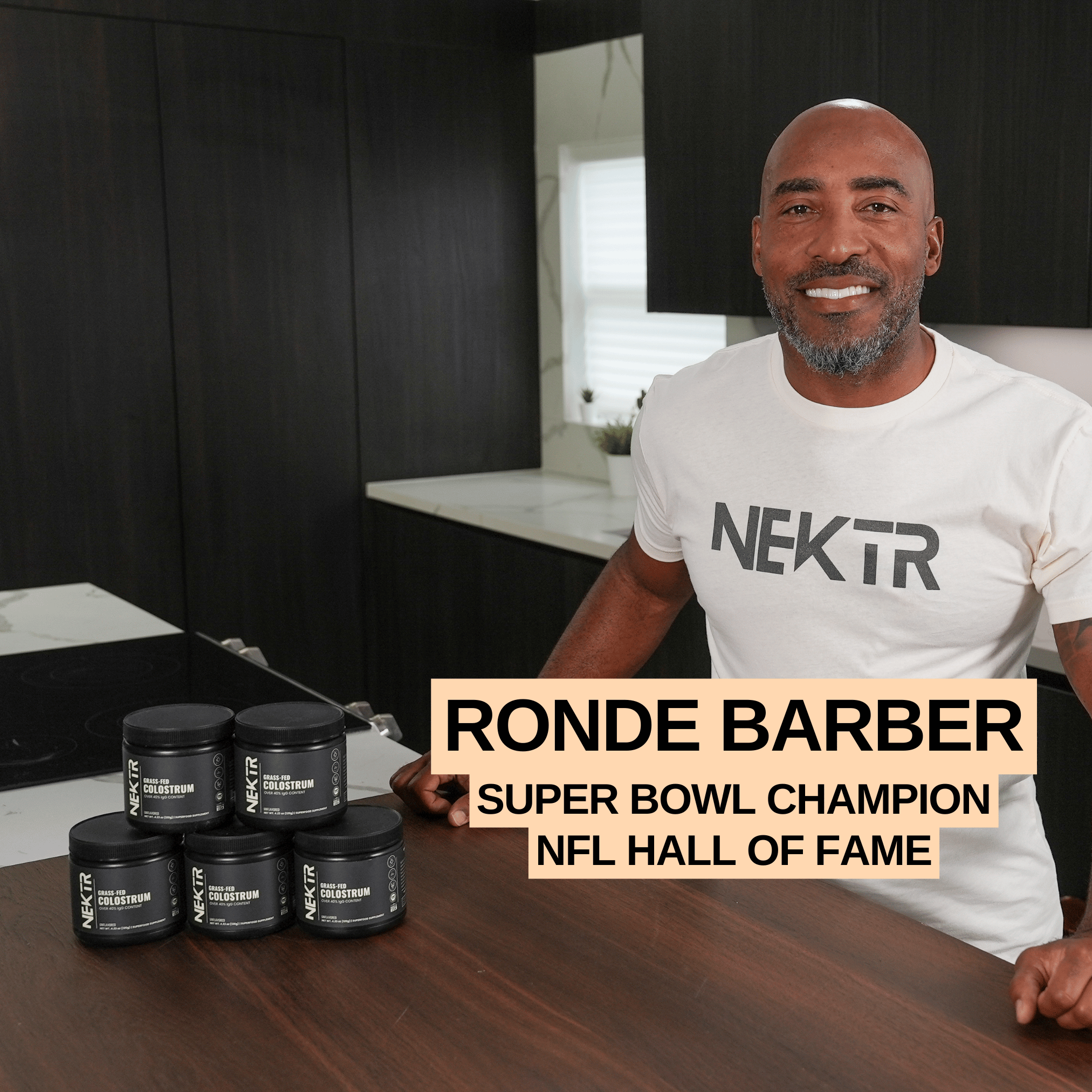 Athlete Ronde Barber incorporating NEKTR colostrum powder into post-workout routine, demonstrating its effectiveness in muscle repair, recovery, fitness enhancement, and reducing exercise-induced inflammation.