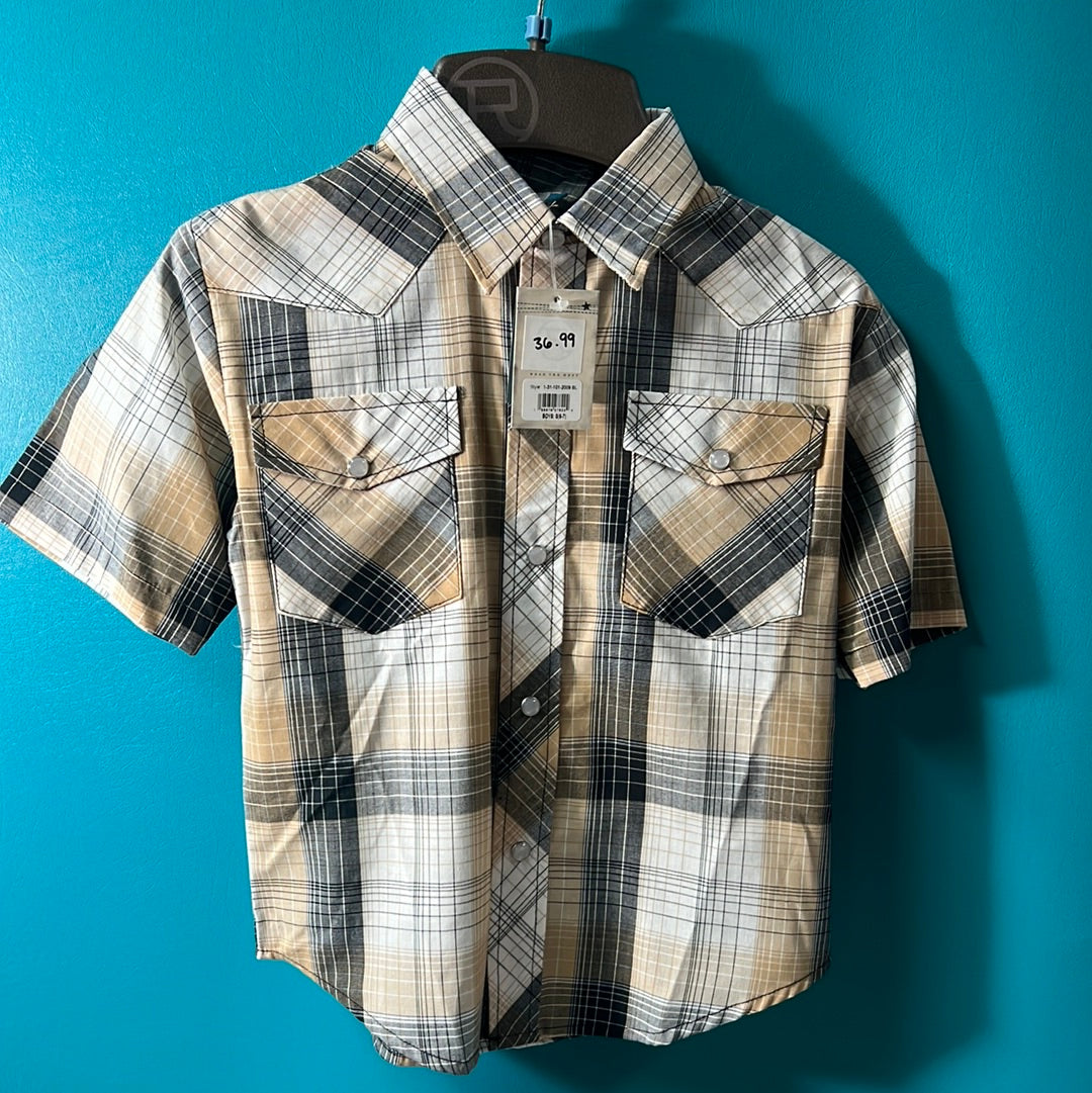 Tan & Black Plaid Roper, Pearl Snap, 6/7