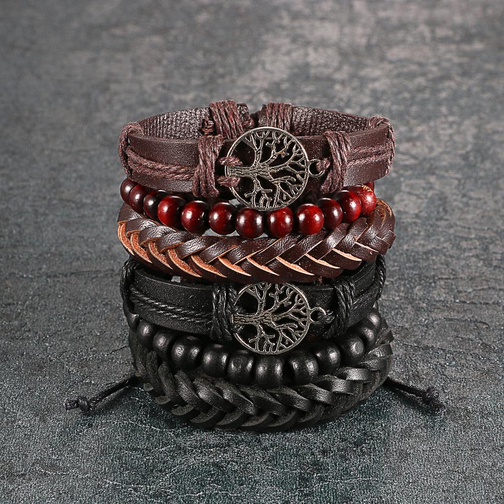 Red Tiger Eye Beads Brown Leather Braided And Brown Leather Cuff With Tree 3 Piece Bracelet Set