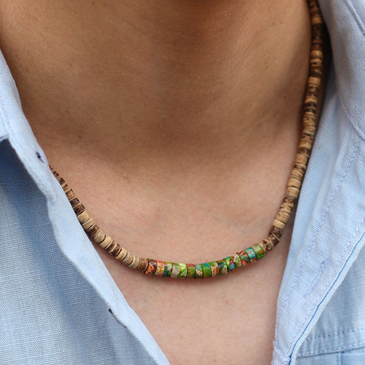 Natural Wood Bead 19 Inch Necklace with Colorful Imperial Stone Accents