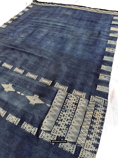 1854 Antique Indigo Bakhnoug Shawl - Tunisian Textile Art