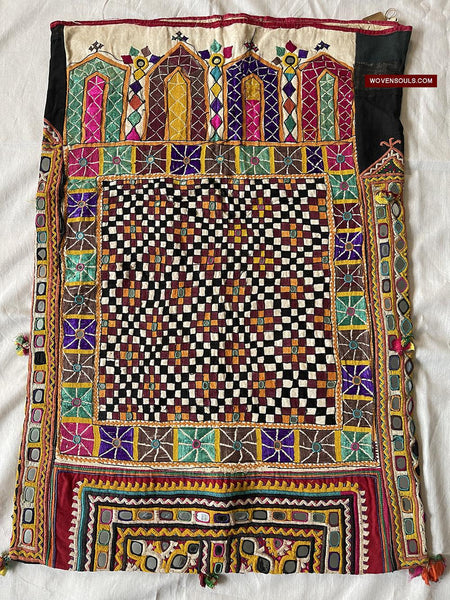 944 Dowry Bag with Checkerboard field and Mirror Embroidery-WOVENSOULS Antique Textiles & Art Gallery