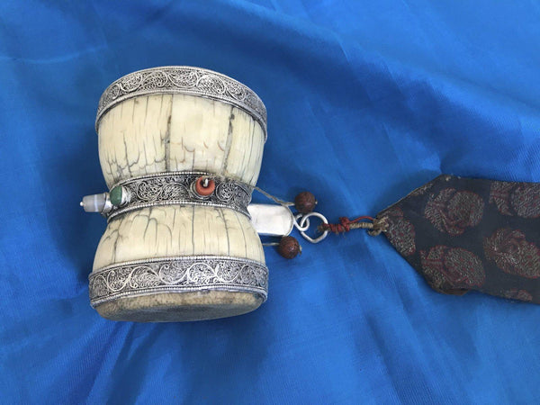 1285 Rare Antique Tibetan Buddhist Ritual Object Damru Drum-WOVENSOULS-Antique-Vintage-Textiles-Art-Decor