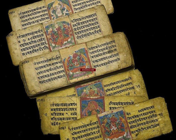 1363 Ancient Nepal Manuscript leaves with Illuminated Paintings of Deities Pancarakasa-WOVENSOULS-Antique-Vintage-Textiles-Art-Decor