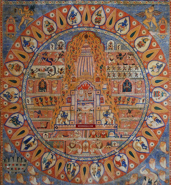 1408 Large Puri Patta Jagannath Juggernaut Painting w Blue - Indian Art-WOVENSOULS-Antique-Vintage-Textiles-Art-Decor