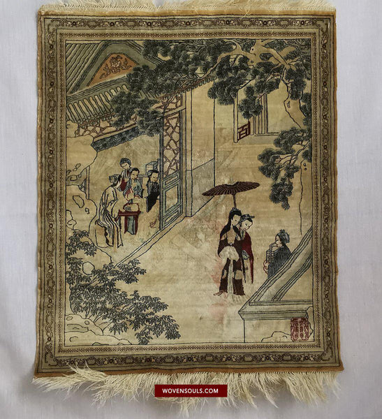 1423 Old Chinese Pictorial Silk Rug Tea House Scene-WOVENSOULS-Antique-Vintage-Textiles-Art-Decor