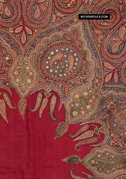 1608 Old Kashmir Silk Embroidered Amli Shawl Rumal-WOVENSOULS Antique Textiles & Art Gallery