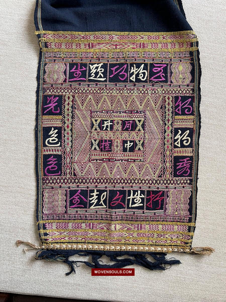 1613 Old Chinese Hainan Meifu Li Ethnic Minority Head wrap turban w Magenta Inscription-WOVENSOULS Antique Textiles & Art Gallery