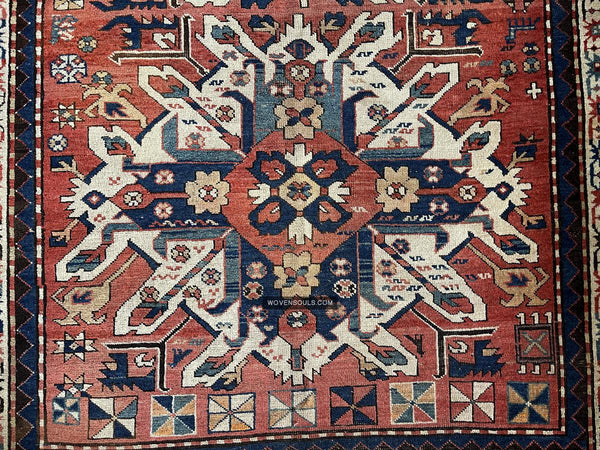 1672 Antique Chelaberd Eagle Kazak Rug with Human - WOVENSOULS