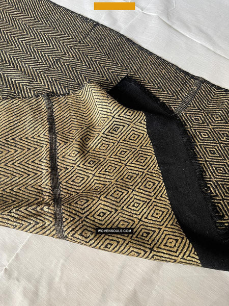 1703 Black Beige Herringbone Weave Shawl w Pashm-WOVENSOULS Antique Textiles & Art Gallery