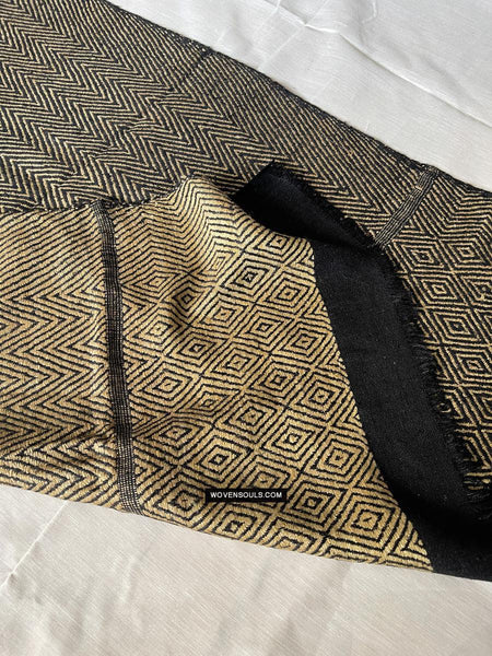 1703 Black Beige Herringbone Weave Shawl w Pashm-WOVENSOULS Antique Textiles & Art Gallery