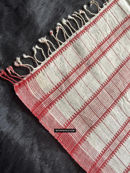1707 White Handloom Cotton Stole with Geometric Weave-WOVENSOULS Antique Textiles & Art Gallery