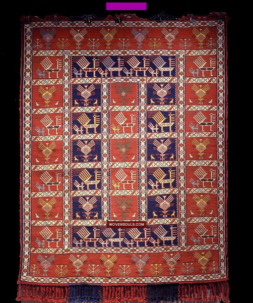1711 Old Peacock Animal Verneh Shaddah Kuba Soumac Rug-WOVENSOULS Antique Textiles & Art Gallery