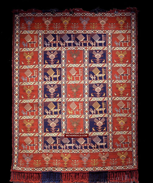 1711 Old Peacock Animal Verneh Shaddah Kuba Soumac Rug-WOVENSOULS Antique Textiles & Art Gallery