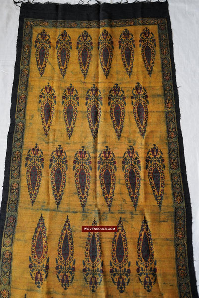 1732 Hand Block Printed Yellow Silk Shawl w Natural Dyes-WOVENSOULS Antique Textiles & Art Gallery