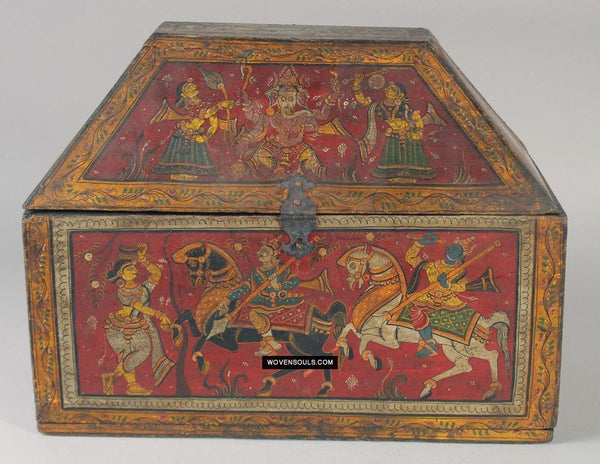 1760 Old Wood Chest w Krishna Paintings - Odisha-WOVENSOULS Antique Textiles & Art Gallery