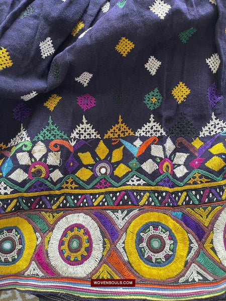 987-A Vintage Blue Gujarati Embroidered Skirt-WOVENSOULS-Antique-Vintage-Textiles-Art-Decor